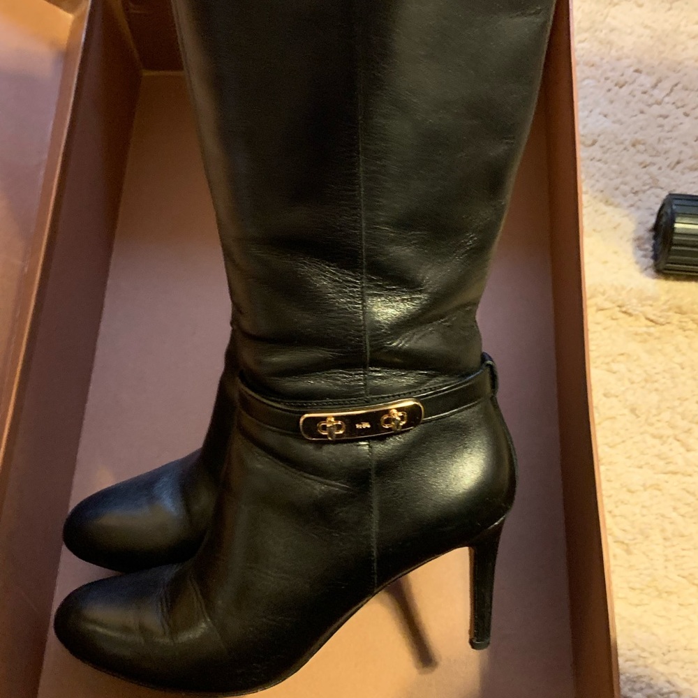 Womens 9.5 Black Coach zip up knee boots with beautiful hardware at ankle.
